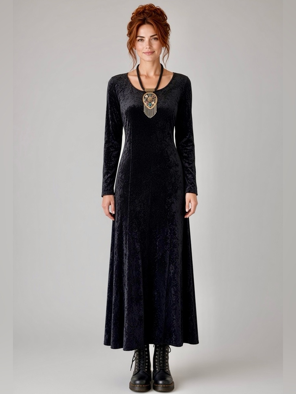 1990s Corset Back Gothic Black Velvet Panné Maxi Dress | M